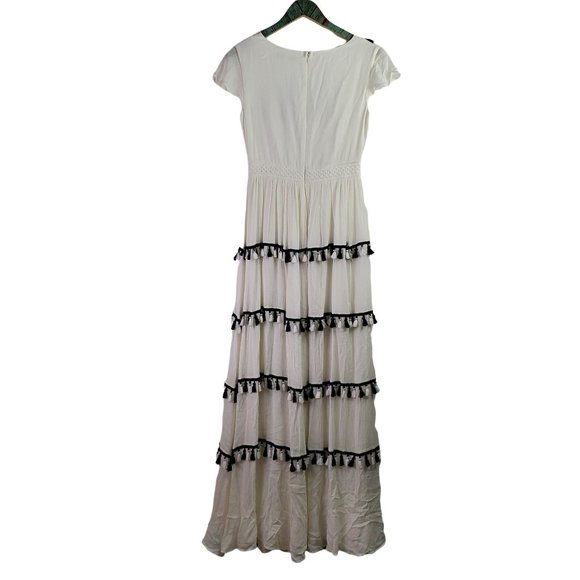 INA [i:na] Black and White Spanish Tassel Maxi Dress w/ Butterfly Cap Sleeve, S - Picture 2 of 12